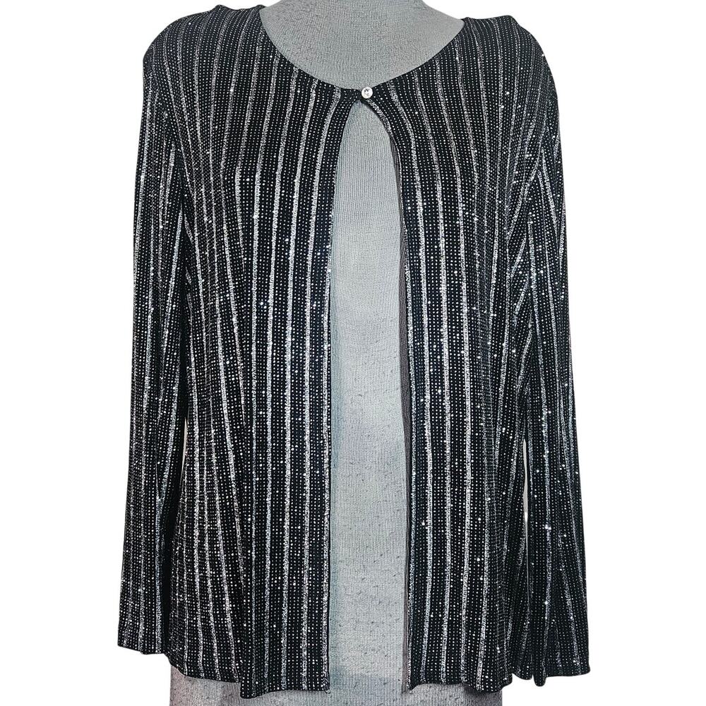 Black Silver Glitter Open Front Blouse Size Large Made in the USA